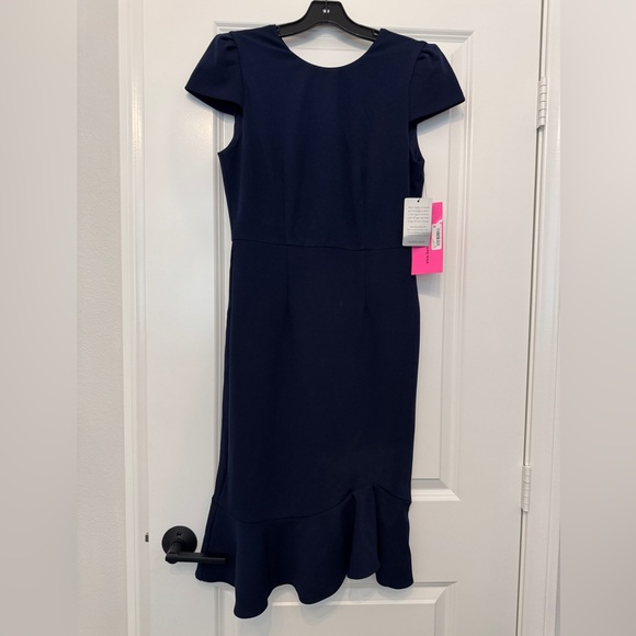 New Betsey Johnson Navy Stretch Ruffle Sheath Pencil Midi Dress Size 6 NWT - Picture 13 of 14